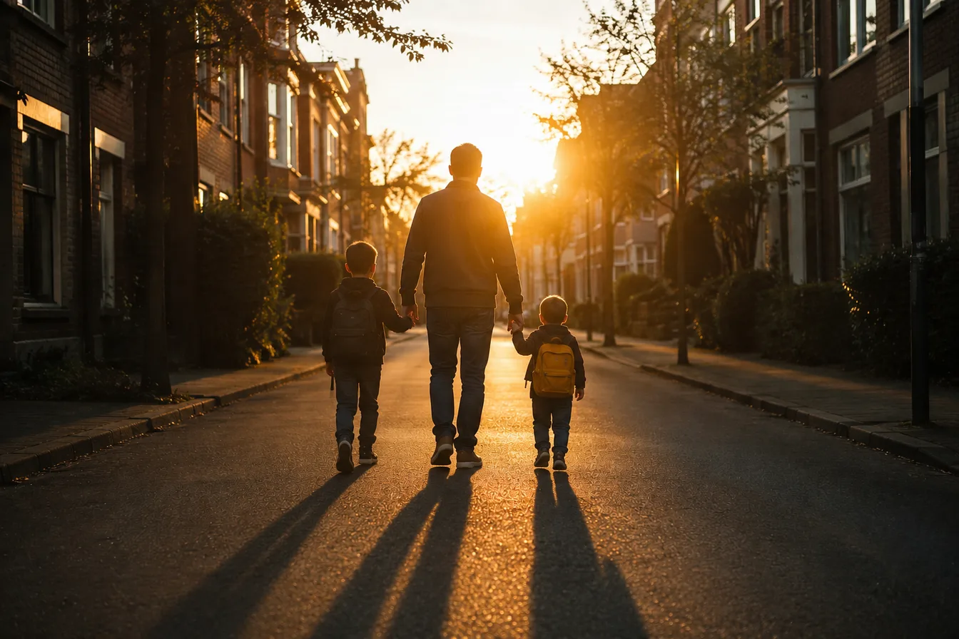 Un padre camina al atardecer llevando de la mano a sus dos hijos con mochila, de camino al colegio.